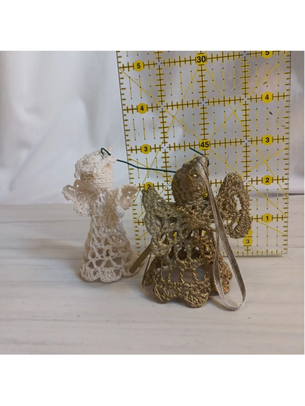 Vintage Handmade Crochet Angel Ornaments Lace Set Of Two Gold , White